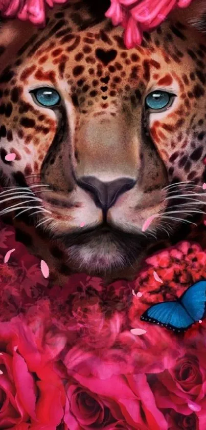 Leopard artwork with pink roses and blue butterfly.