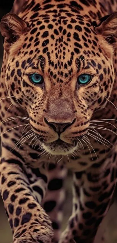 Leopard with blue eyes and spotted fur in a stunning close-up shot.