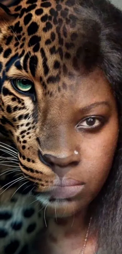 Half leopard, half woman seamless artistic fusion.