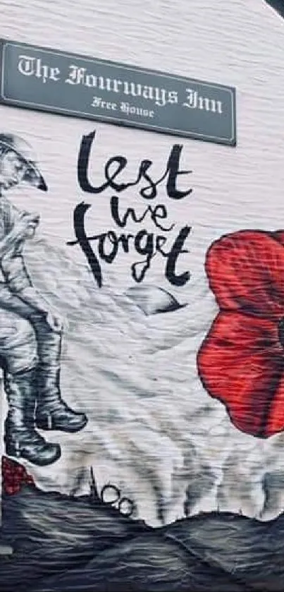 Lest We Forget mural with red poppies on a historic building facade.