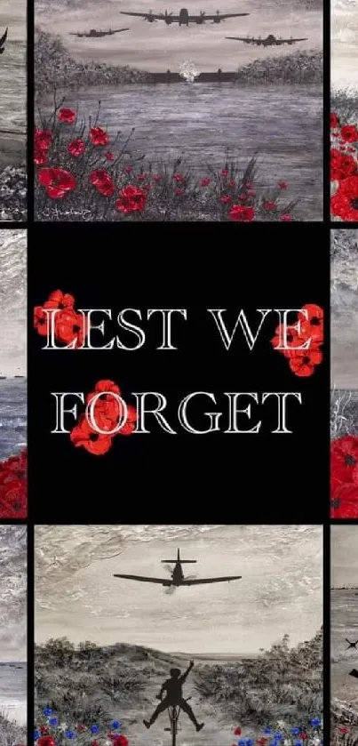 Wallpaper with poppies, planes, and 'Lest We Forget' text on black background.