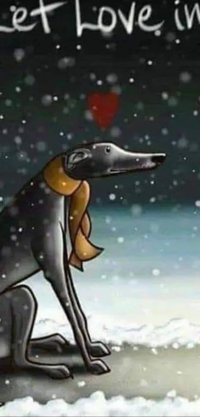 Illustration of dog in snow with 'Let Love In' text on a mobile wallpaper.