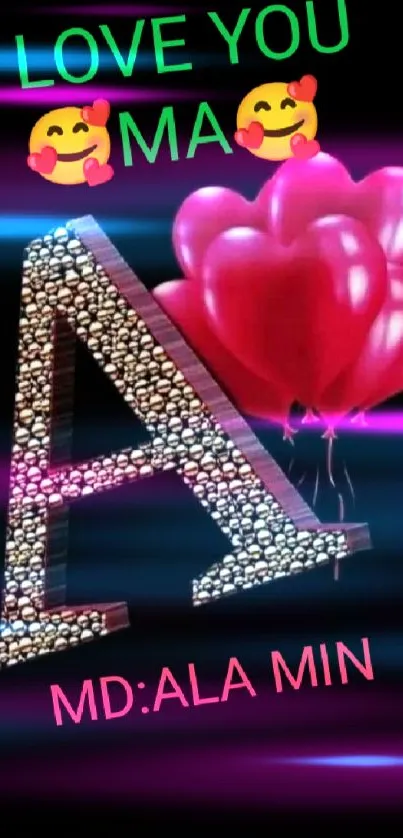 Letter A with red heart balloons on black background.