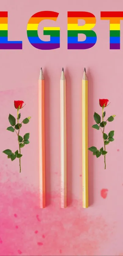 Vibrant LGBT-themed wallpaper with pencils and roses on a pink background.