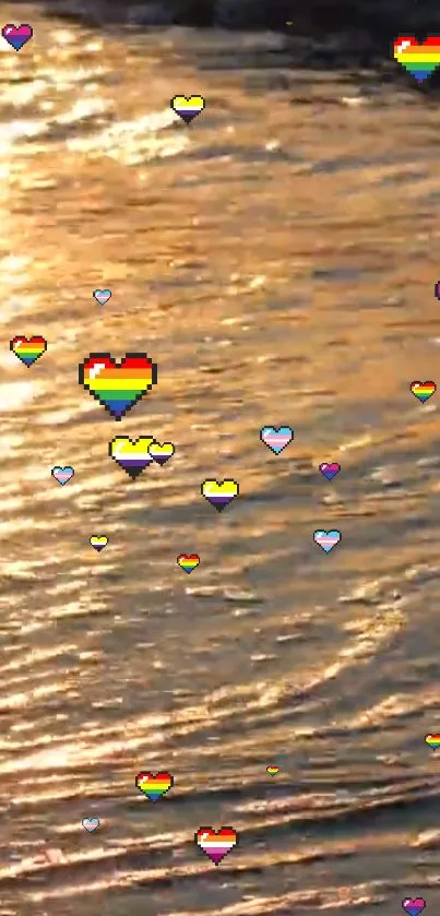 Rainbow pixel hearts float on golden water background in vibrant mobile wallpaper.