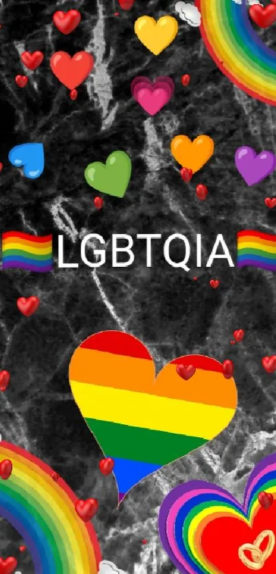 LGBTQIA wallpaper featuring rainbow hearts and symbols on a black background.