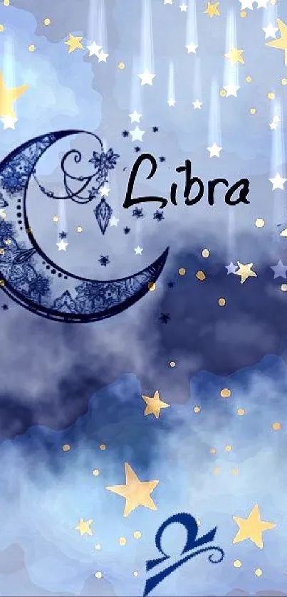 Libra themed wallpaper with stars and crescent moon against a blue background.