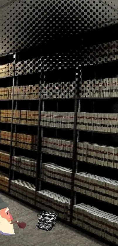 Mysterious library wallpaper with bookshelves and detective motif.
