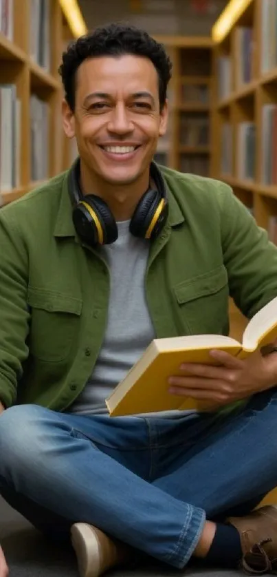 A young man smiling while reading in a library, wearing headphones.