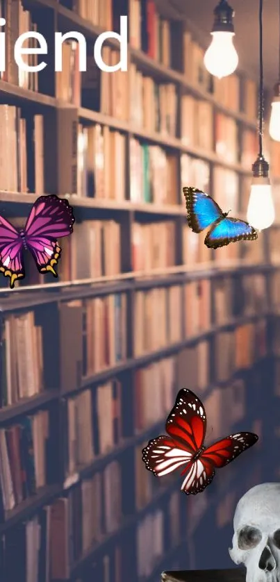 Library wallpaper with butterflies and skull art.