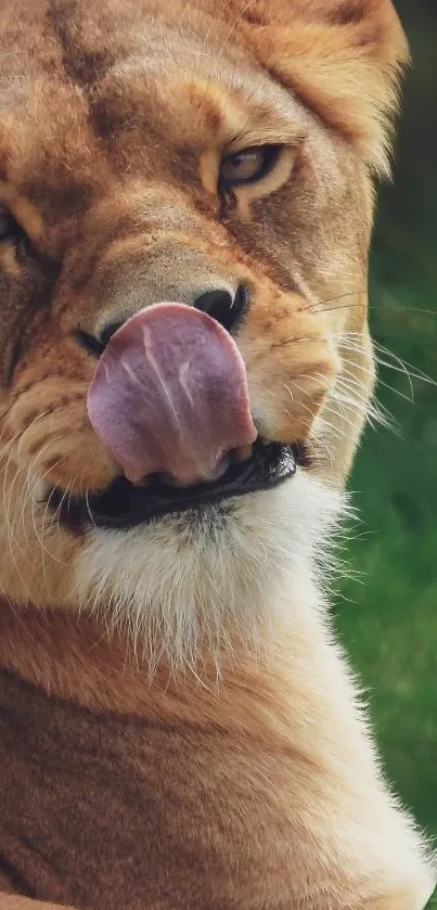 Lioness licking its face on grass background wallpaper.