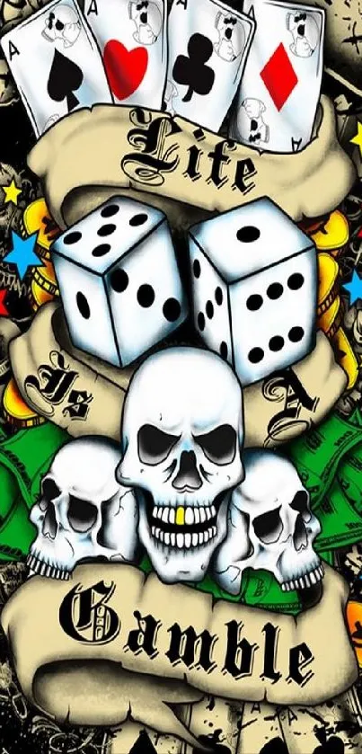 Life is a Gamble wallpaper with skulls, dice, and cards in a vibrant design.