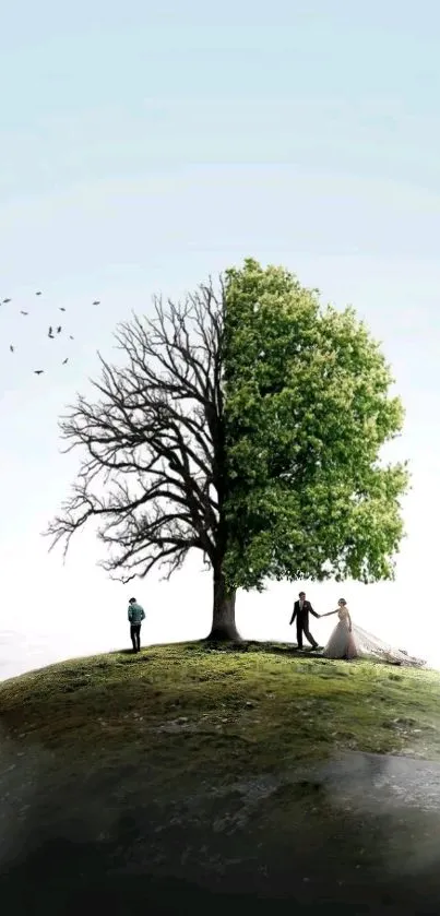 Half barren, half green tree on hill with figures symbolizing life journey.