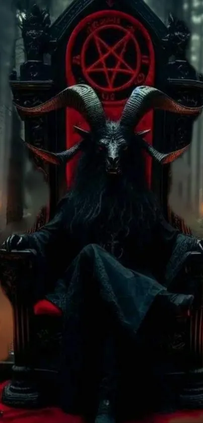 Gothic themed wallpaper with a horned figure on a throne in a dark setting.