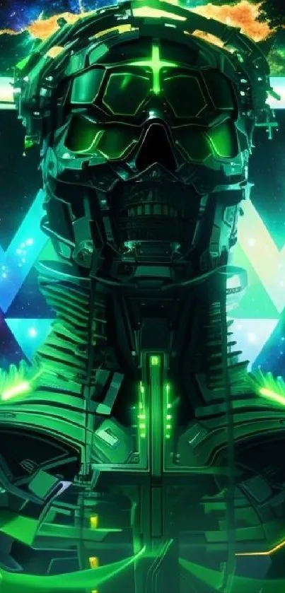 Futuristic neon robot with green lights.