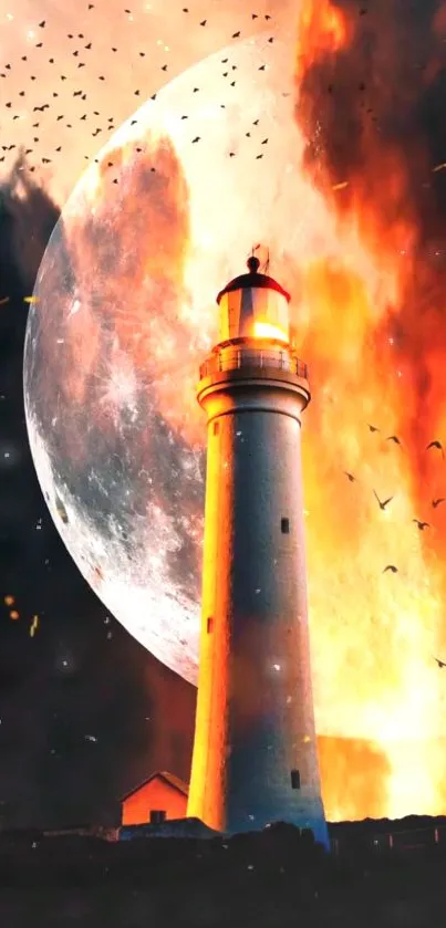 Lighthouse with fiery sky and moon in dramatic wallpaper.