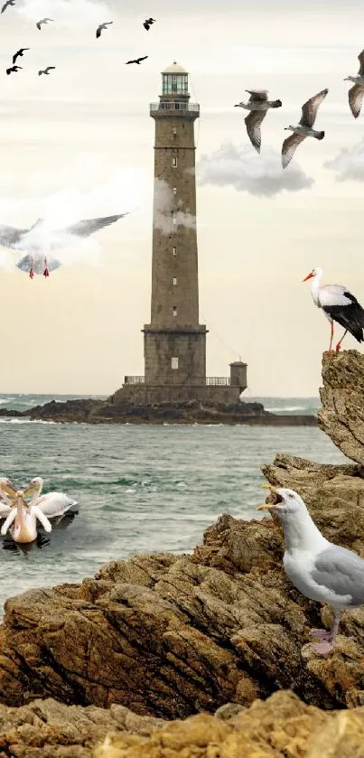 Lighthouse by the sea with birds flying and resting.