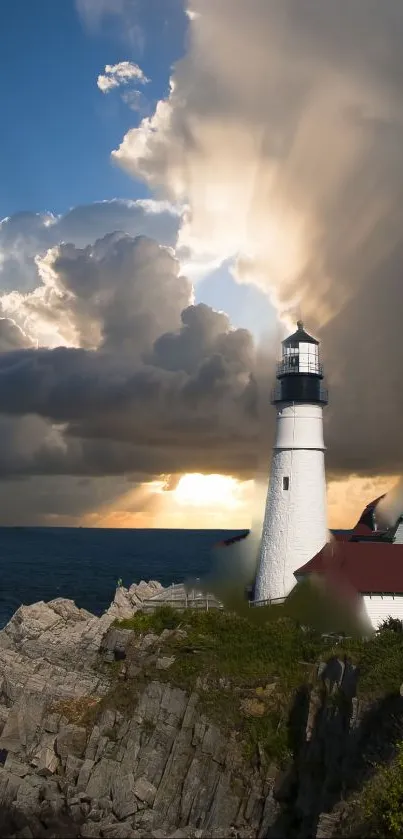 Mobile wallpaper of a lighthouse with dramatic clouds and ocean view at sunset.