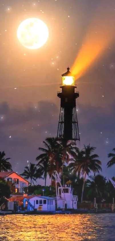 Lighthouse with a glowing moon at night over calm ocean.