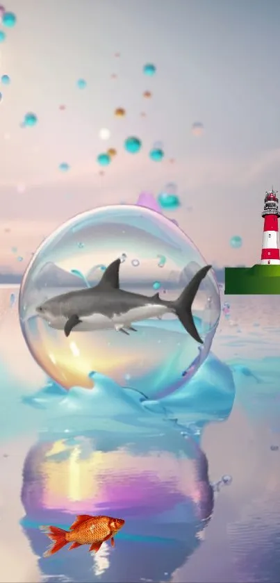 Fantasy art of a shark in a bubble with a lighthouse and ocean.