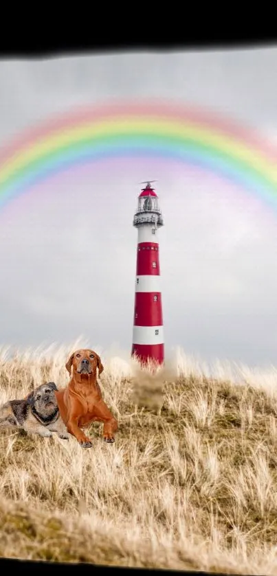 Lighthouse with rainbow and two dogs in a grassy landscape scene.