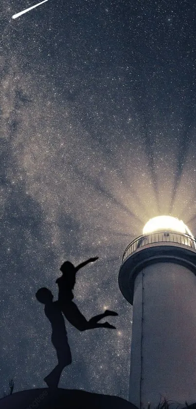 Silhouetted couple with lighthouse under a starry night sky.