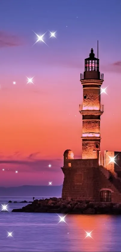 Lighthouse against a vibrant sunset sky with stars.