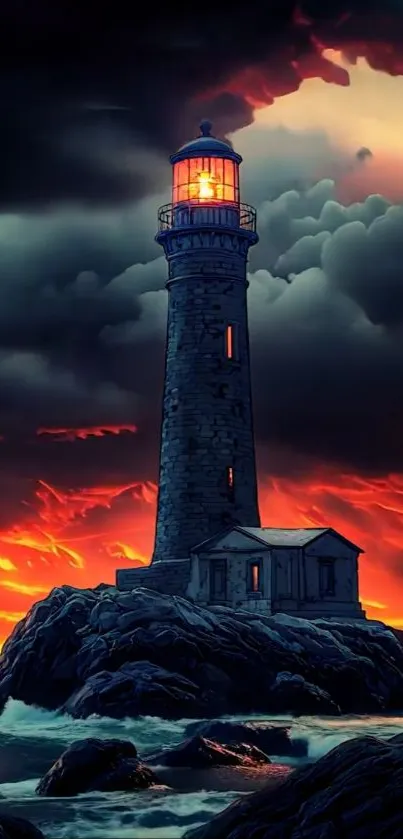 A lighthouse stands against a dramatic sunset sky with burning orange and dark clouds.