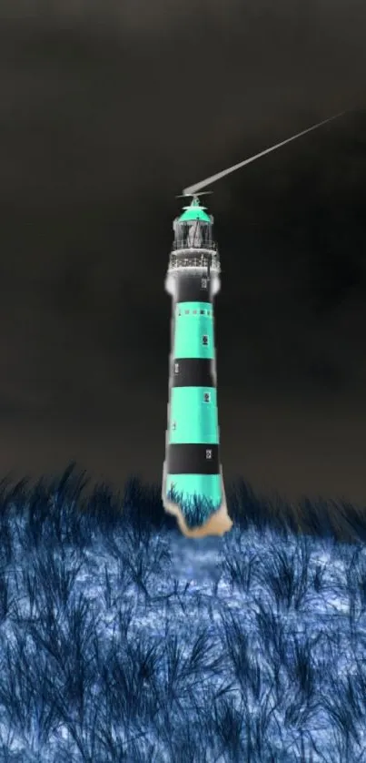 Vivid teal lighthouse in dramatic night scene with dark clouds.