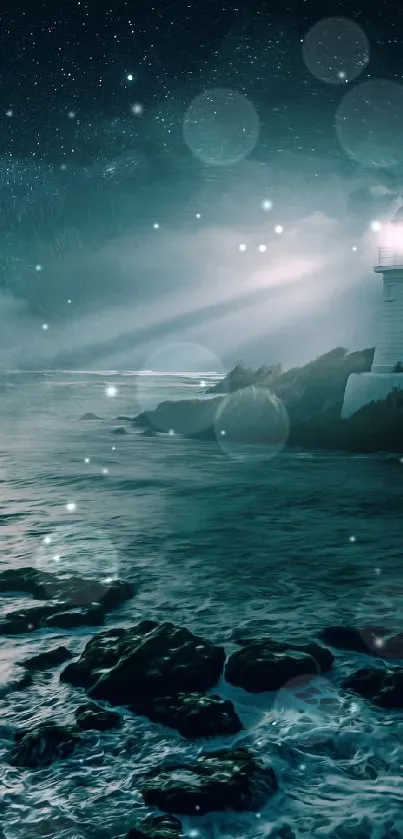 Lighthouse illuminating the ocean at night under a starry sky.