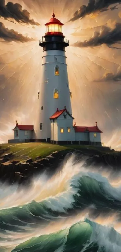 Lighthouse standing strong amidst stormy seas with dramatic waves.