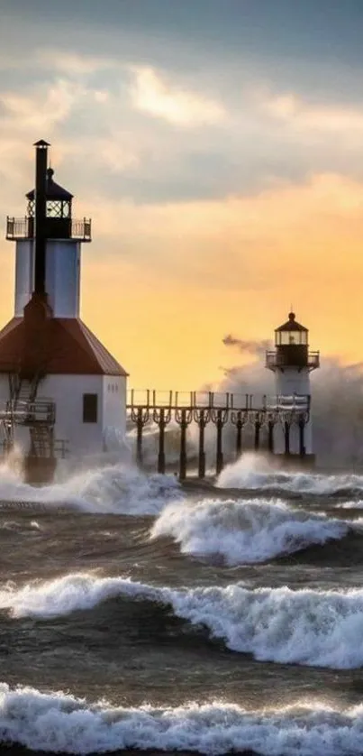 Lighthouse with waves crashing at sunset.