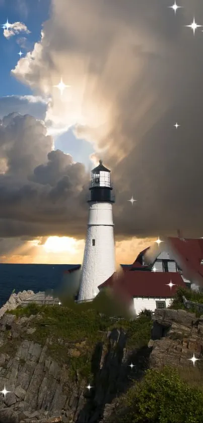 Lighthouse amidst sunset clouds and stars wallpaper.