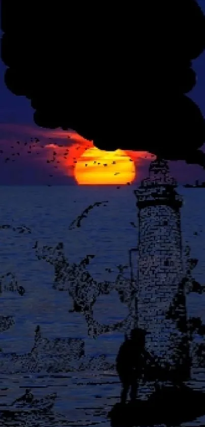 Lighthouse silhouette at sunset over ocean