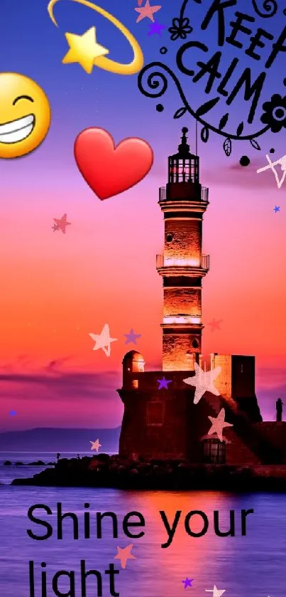 Bright lighthouse and sunset with emojis on a calming mobile wallpaper.