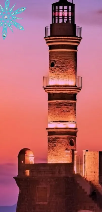 Majestic lighthouse at sunset with vibrant peach sky.