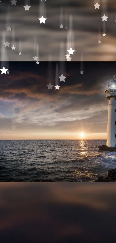 Twilight sky lighthouse with stars over the sea.