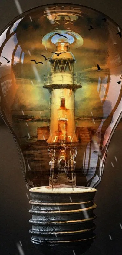 Fantasy wallpaper with a lighthouse in a light bulb, set against a dark background.