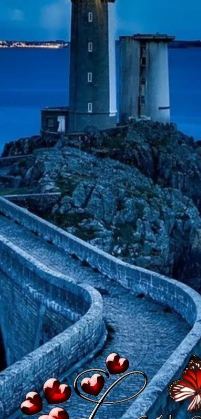 Serene lighthouse and ocean with hearts and butterfly in twilight.