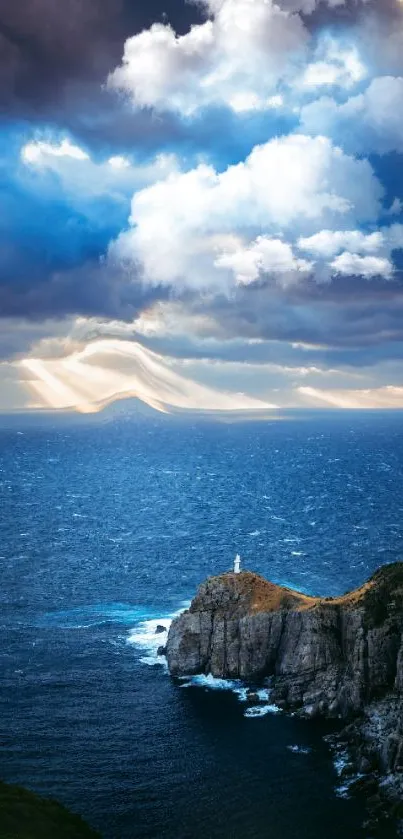 Lighthouse on rocky coast at sunset with dramatic clouds.