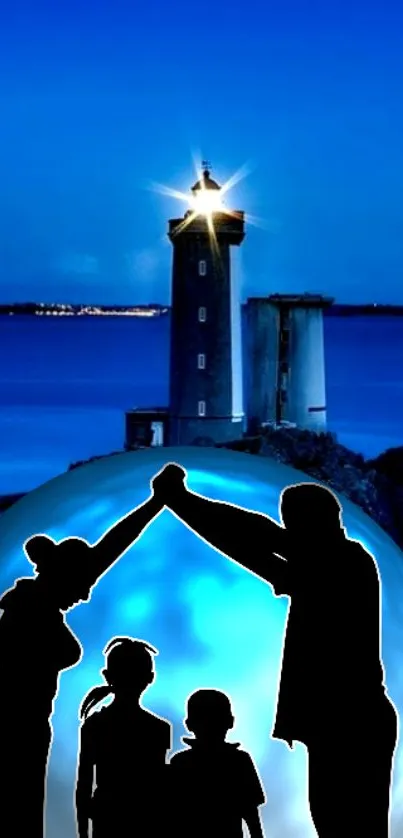 Family silhouette with lighthouse under a serene blue night sky.