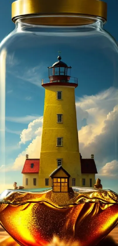 Yellow lighthouse in a glass jar on golden sand.