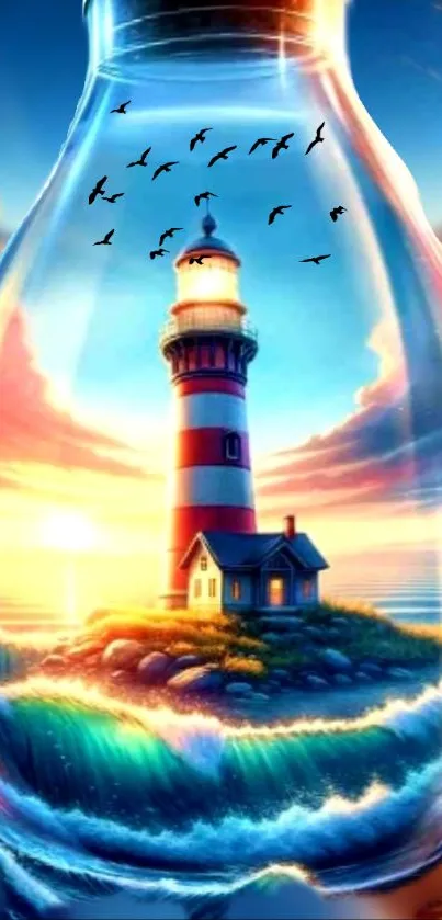 Lighthouse in a glass with ocean waves, birds, and a vibrant sky.