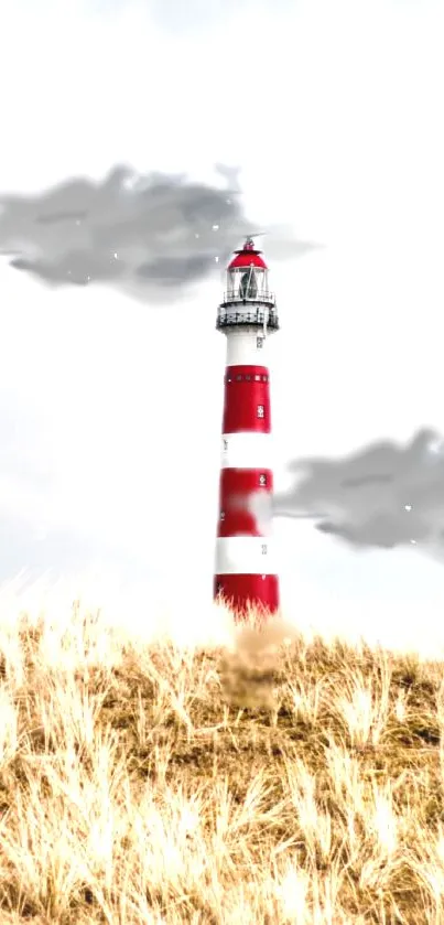 Mobile wallpaper of a lighthouse in a grassy field with a cloudy sky.