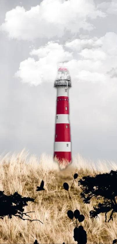 Lighthouse with clouds in a scenic grassy field.