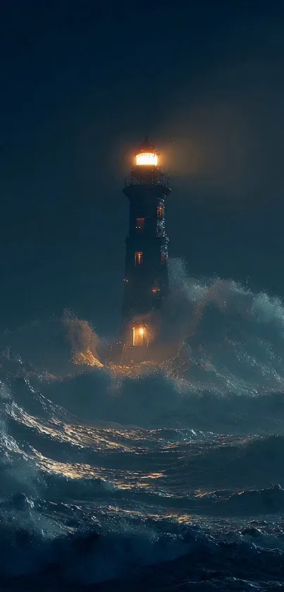 Lighthouse standing strong against stormy waves at night.