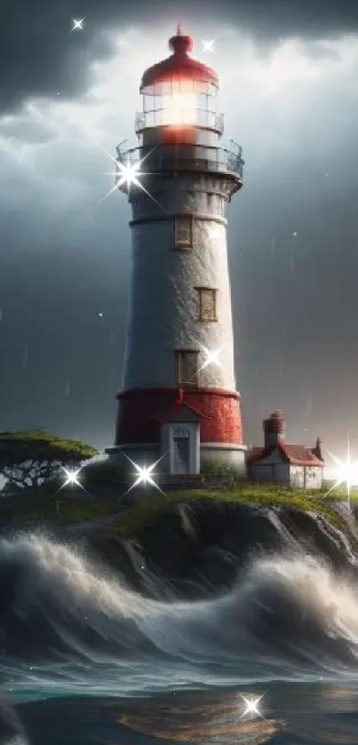 Majestic lighthouse on rocky island amid stormy seas.