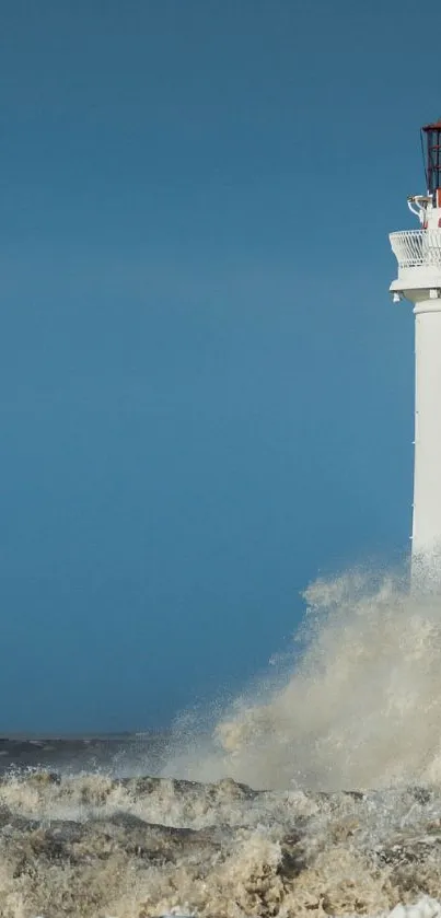 Lighthouse stands strong in stormy ocean waves, capturing nature's power.