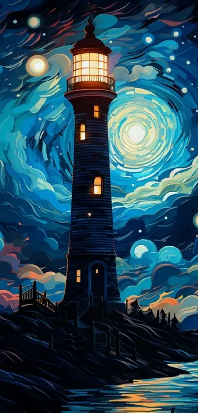 Artistic lighthouse with swirling night sky and stars.