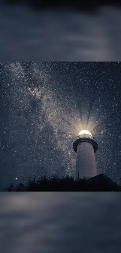 Lighthouse illuminated at night with starry sky.